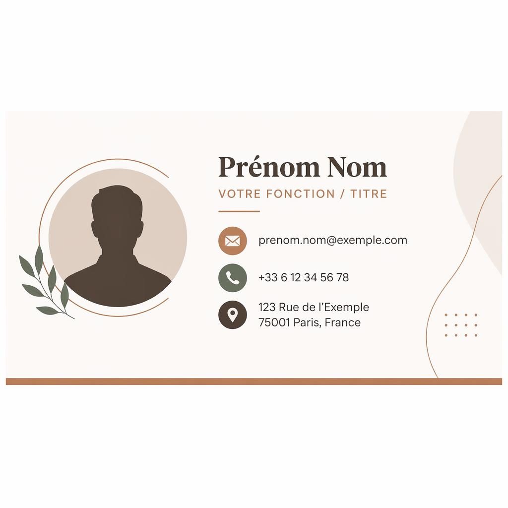 Bannière 600×200 centrée, palette terre chaude, avatar silhouette, espaces de contact et icônes d’adresse, style minimal.