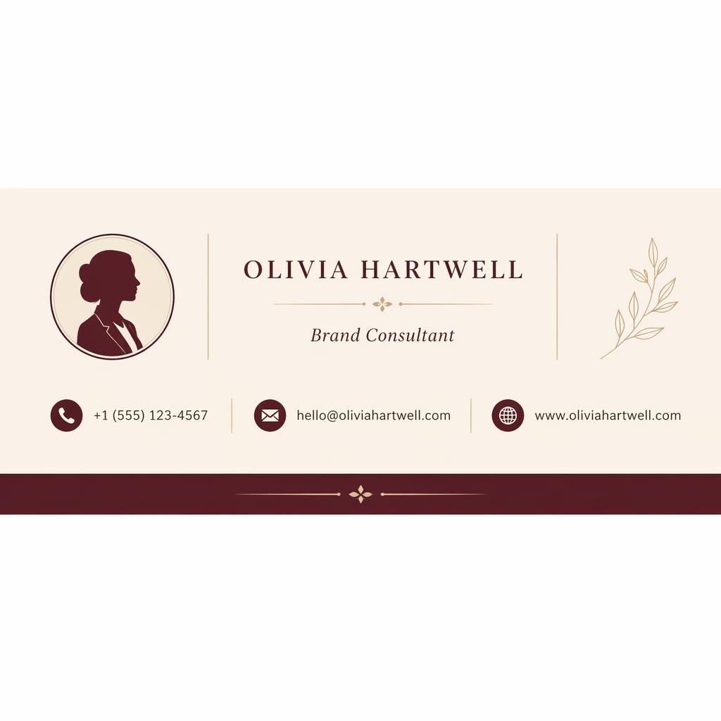 Centered email signature banner with avatar silhouette, phone email website icons, and burgundy cream minimal layout.
