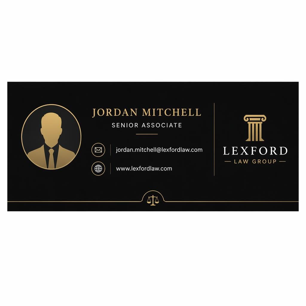 Centered black and gold email signature banner with avatar silhouette, email and website icons, and classic law-firm styling.