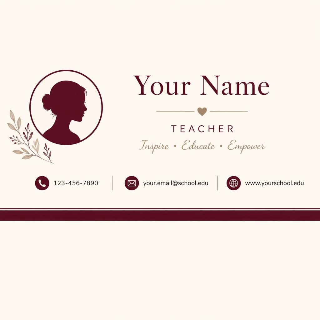Centered email signature banner with avatar silhouette, phone email website icons, and burgundy cream boutique styling.
