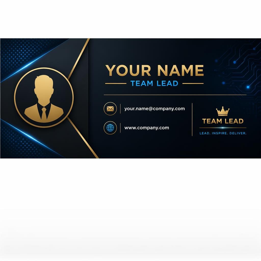 Black and gold 600x200 email signature banner with tech blue accents, typography layout, silhouette avatar placeholder, email and website icons.