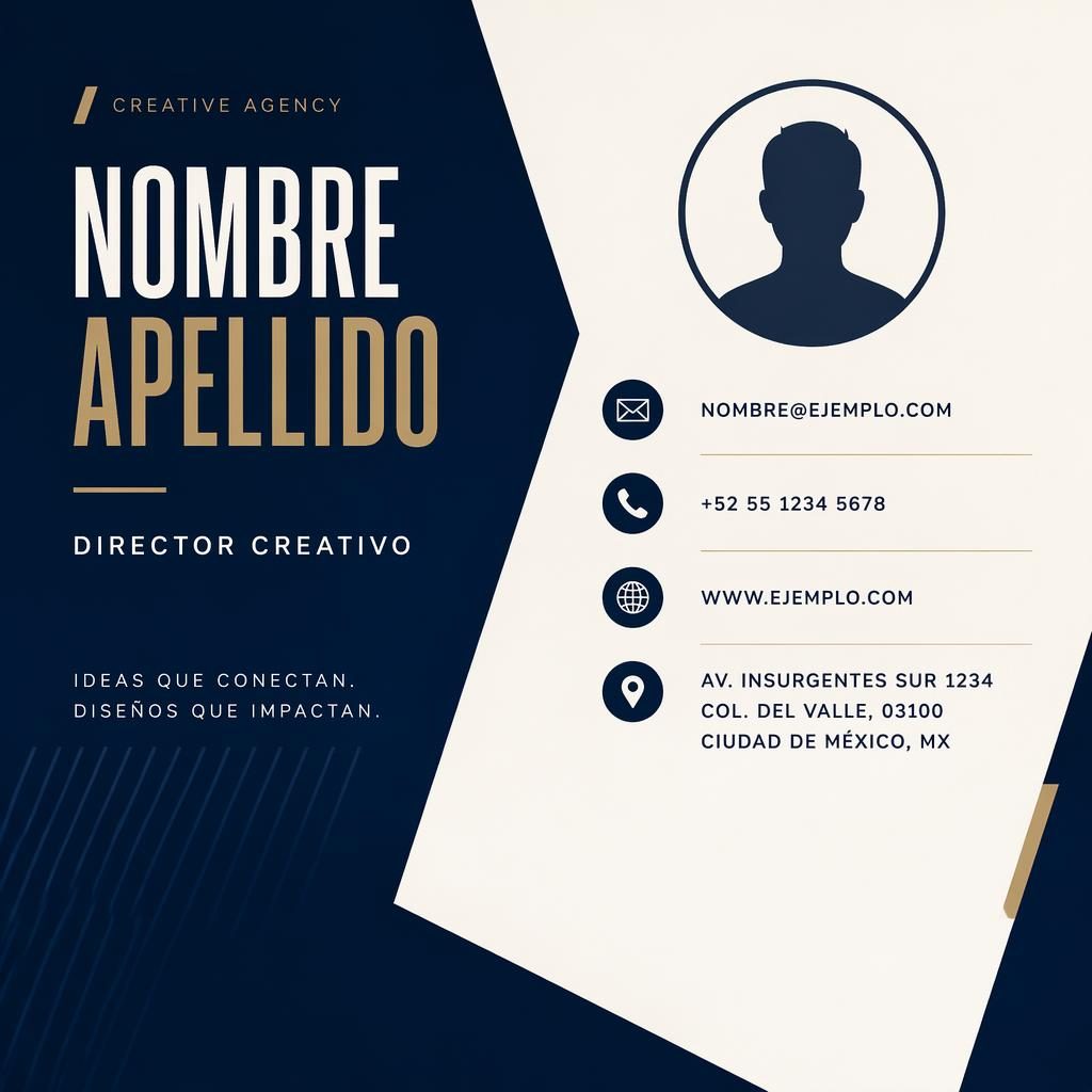 Banner horizontal de firma de correo en azul marino y crema, con tipografía destacada, iconos de contacto y silueta genérica.