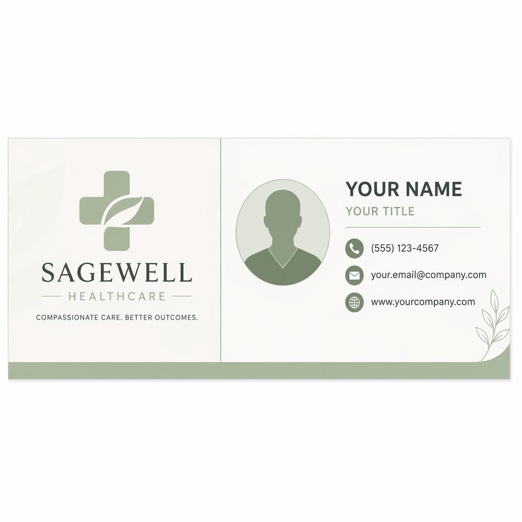 Medical-clean two-column email signature banner with logo, avatar silhouette, and phone, email, website icons in sage and warm white.