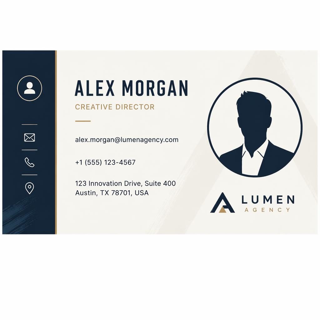 Navy and cream email signature banner with sidebar accent, avatar silhouette, placeholder contact details, and icon row.