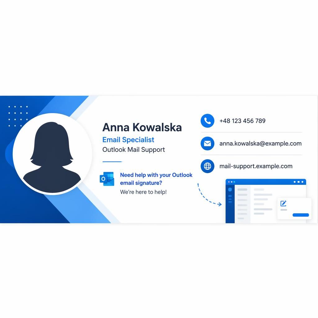 Poziomy baner podpisu e-mail z awatarem po lewej i ikonami telefonu, e-maila oraz strony po prawej.
