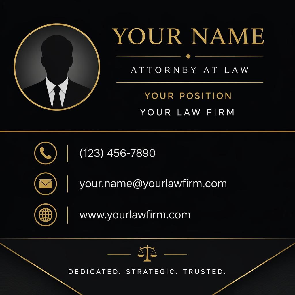 Vertical email signature banner with avatar silhouette, phone email website icons, and black gold law-firm styling.