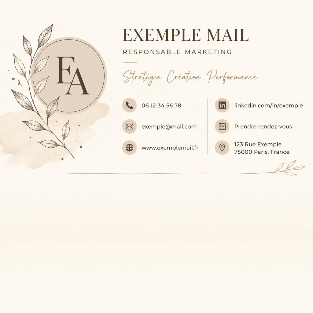 Bannière 600×200 de signature mail illustrée, typographie soignée, silhouette générique et icônes contact monochromes