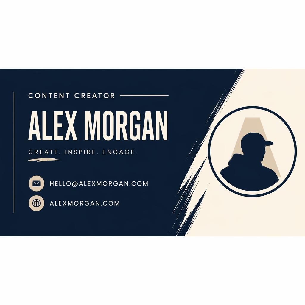 Navy and cream email signature banner with typography layout, email and website icons, placeholder contact details, and avatar silhouette.