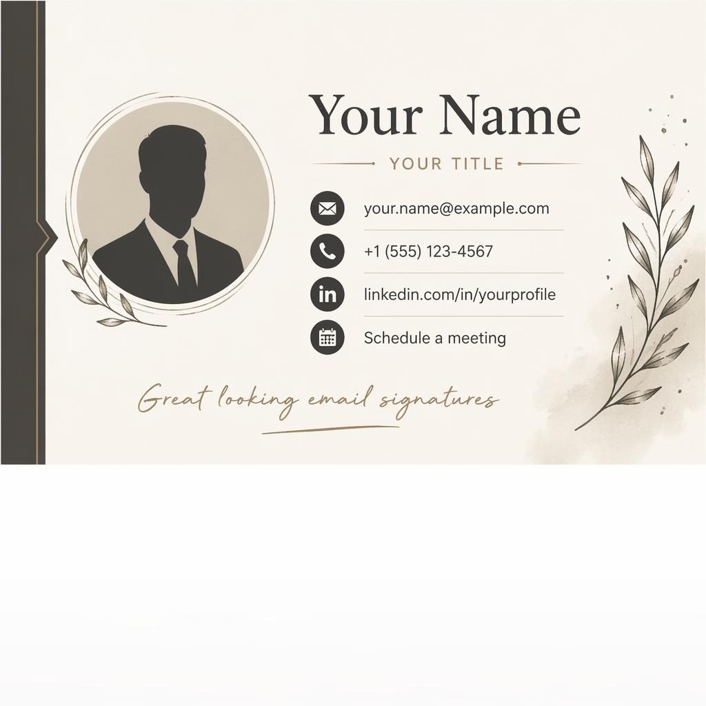 Warm monochrome email signature banner with sidebar accent, avatar silhouette, contact details, and LinkedIn and calendar icons.