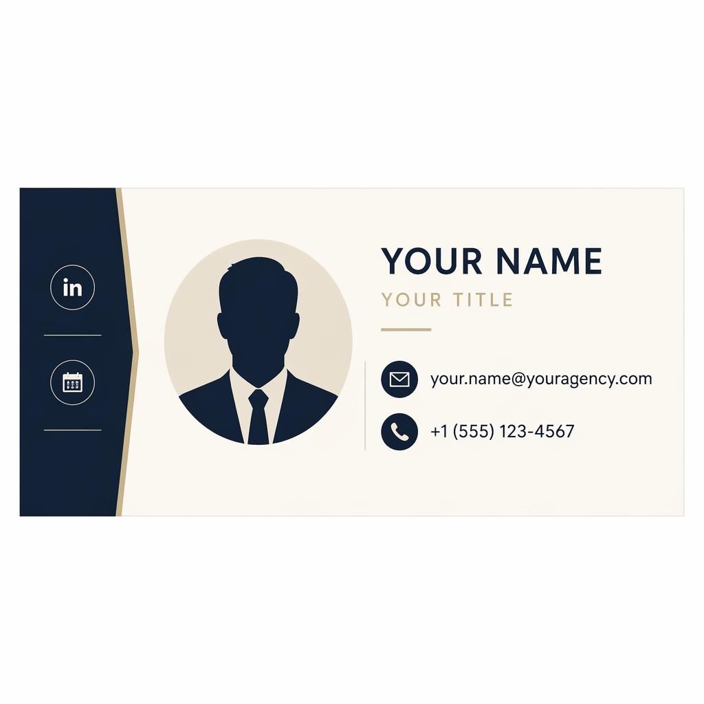 Navy and cream email signature banner with sidebar accent, avatar silhouette, contact placeholders, and LinkedIn and calendar icons.