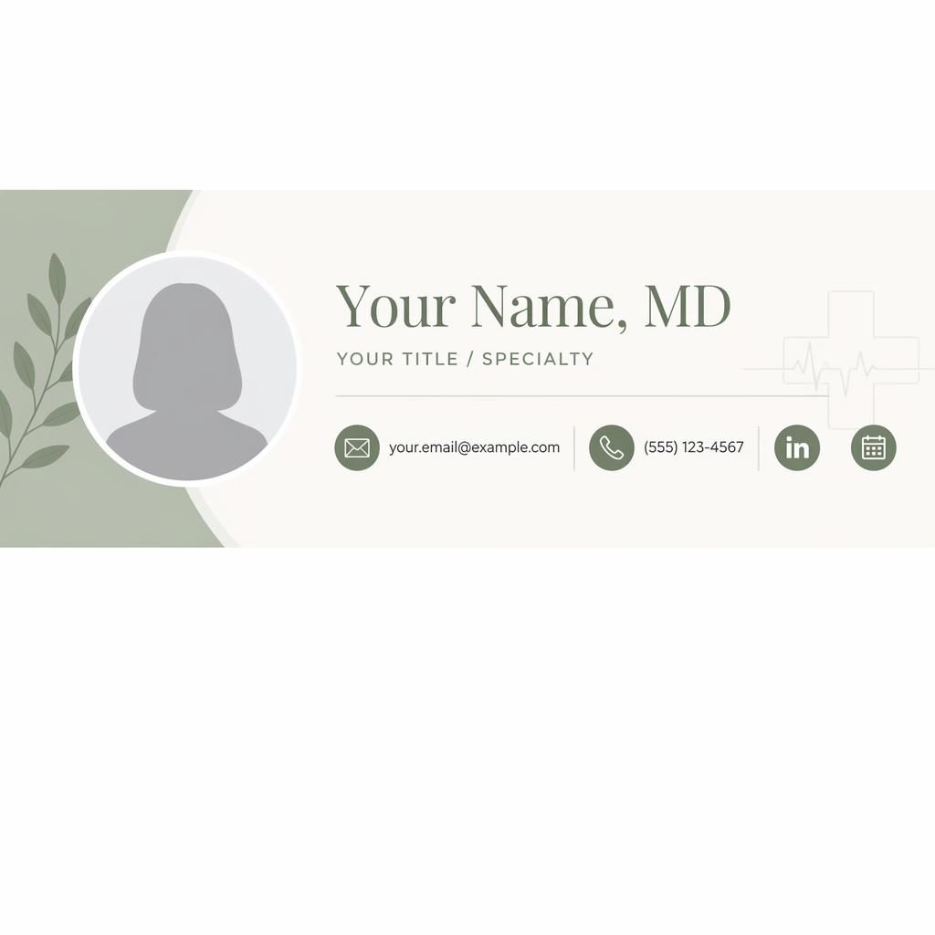 Horizontal email signature banner with avatar silhouette, placeholder contact details, LinkedIn and calendar icons in sage.