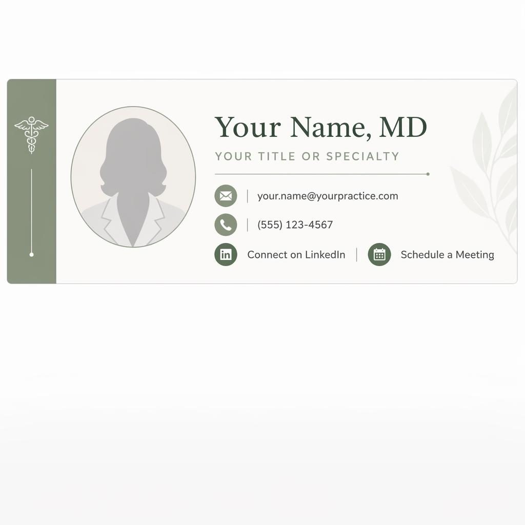 Medical-clean email signature banner with sage sidebar, avatar silhouette, and contact icons for phone, LinkedIn, and calendar.