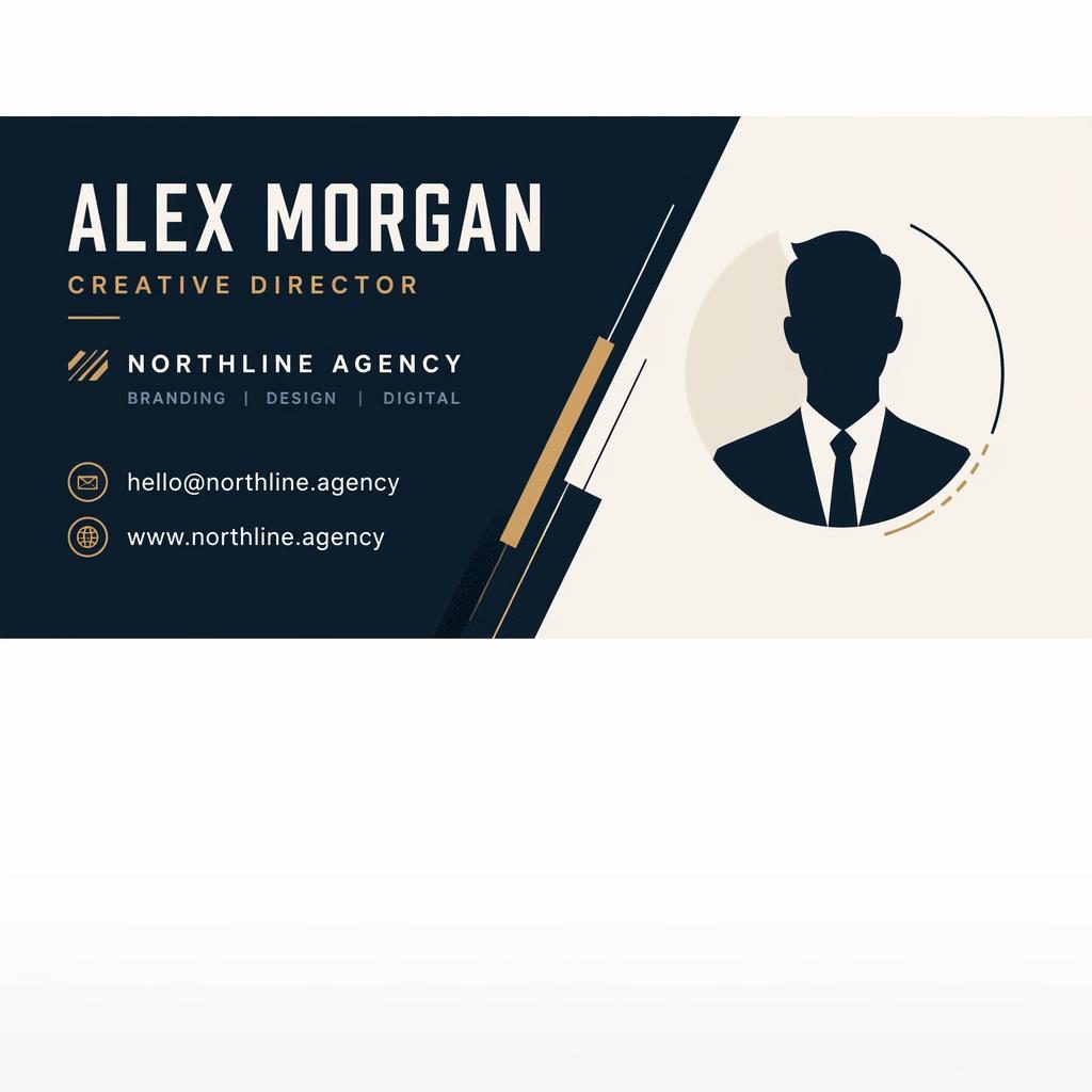 Navy and cream email signature banner with silhouette avatar placeholder, sharp typography blocks, and email and website icons.