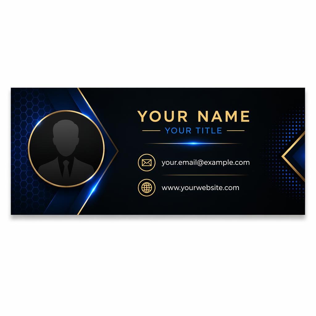 Minimal 600x200 email signature banner with avatar silhouette, email and website icons, black, gold, and tech blue accents.