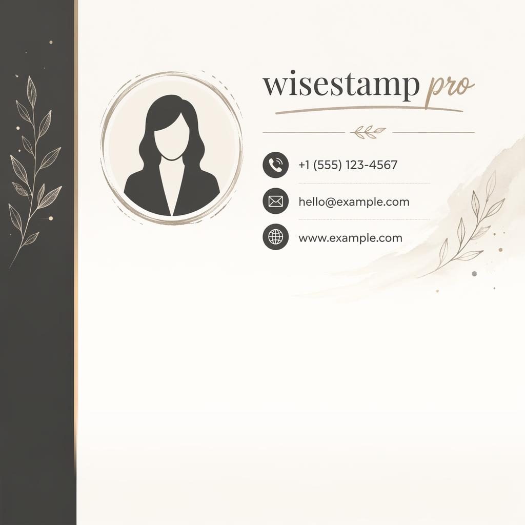 Warm monochrome email signature banner with sidebar accent, avatar silhouette, and phone, email, website icons.