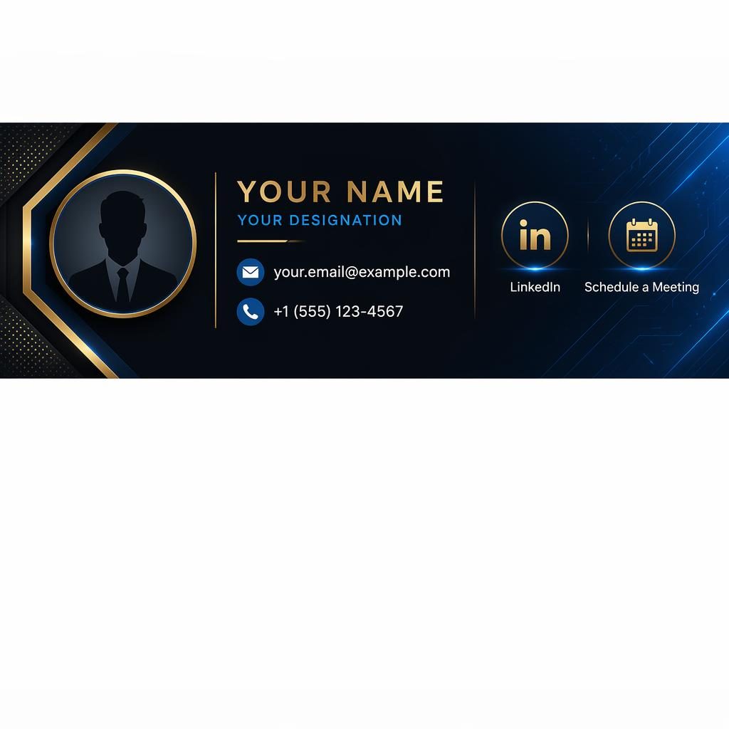 Horizontal email signature banner with black, gold, and blue styling, avatar silhouette, contact details, LinkedIn and calendar icons.