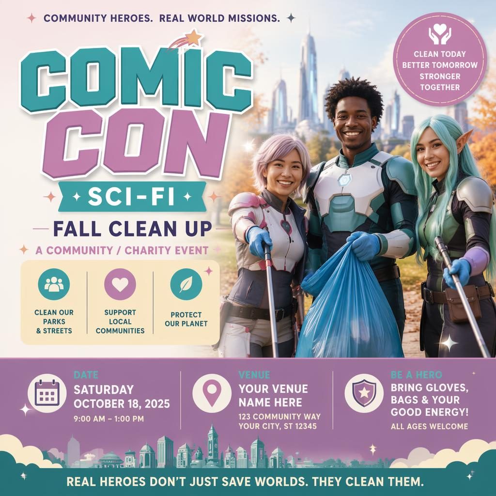 Photographic sci-fi comic con charity event poster with pastel tones, joyful crowd, futuristic overlays, and readable text placeholders.