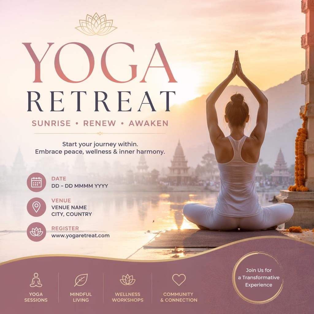 Photographic event poster showing a sunrise yoga retreat scene with pastel tones, joyful overlay, and clean event text placeholders.