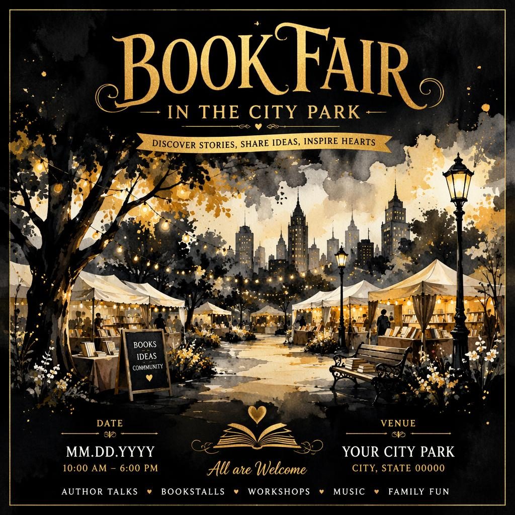 Watercolor event poster for a food festival in a city park with black and gold palette, dreamy festive mood, and readable text placeholders.
