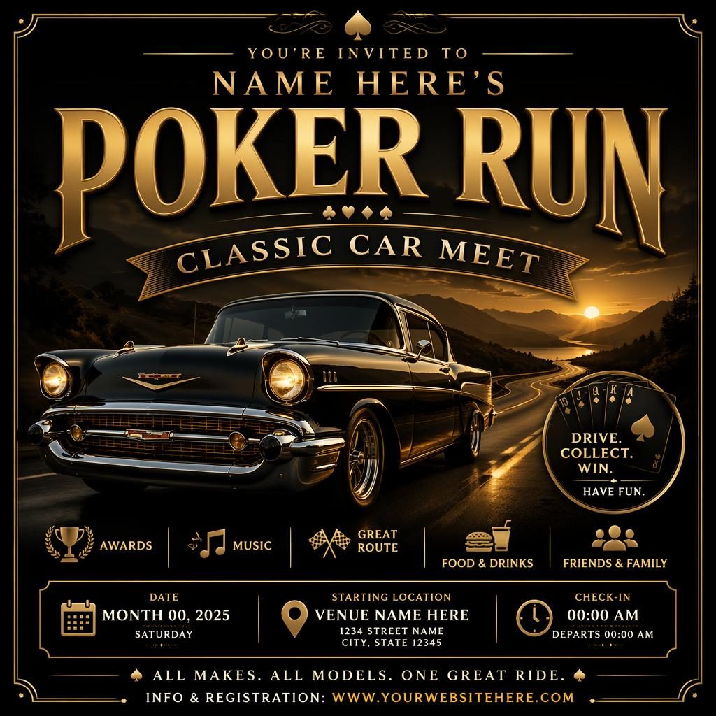 Black and gold event poster for a classic car meet with bold typography, dreamy romantic mood, and clean date and venue placeholders.