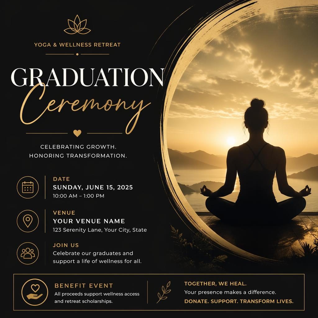 Minimalist Swiss-style event poster for a graduation ceremony with black and gold palette, dreamy mood, and clean text placeholders.