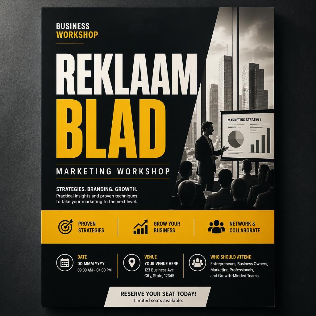 Eventposter för Reklaam Blad med fet typografi, platshållare för datum och venue, hög kontrast och tryckt flyer-känsla.