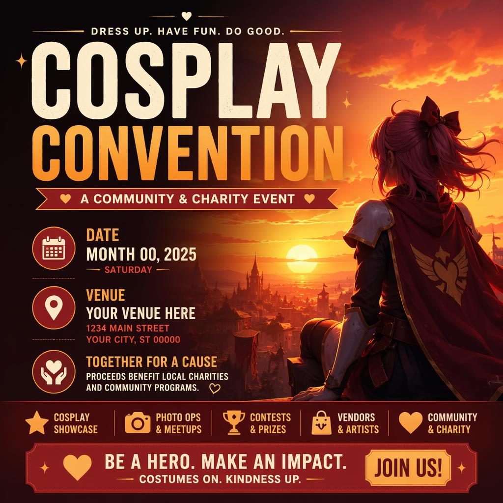 AI event poster for a cosplay convention charity event with bold typography, cozy sunset colors, and clean placeholder date and venue text.