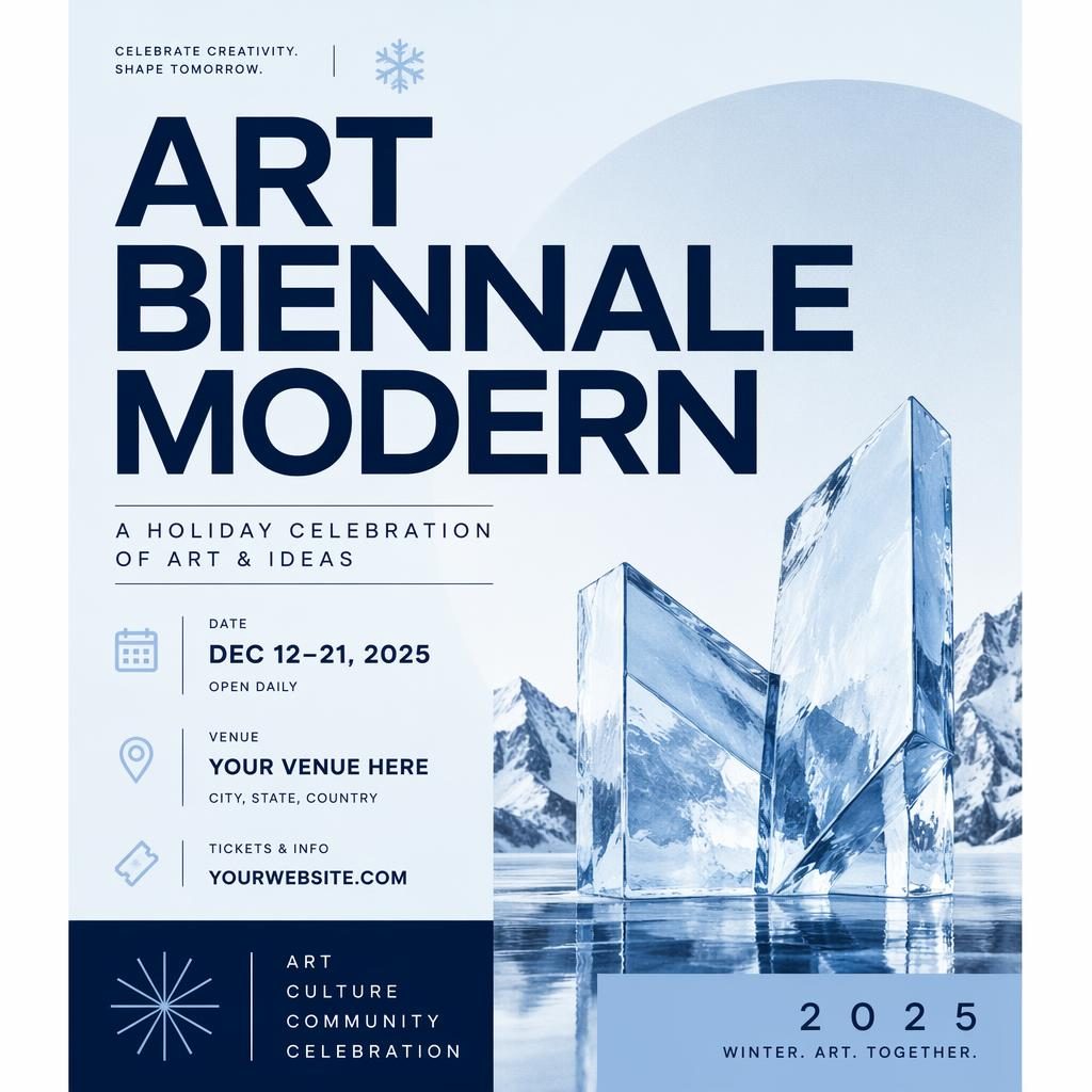 Minimalist Swiss-style winter event poster for a modern art biennale with icy blue palette and clean placeholder text.