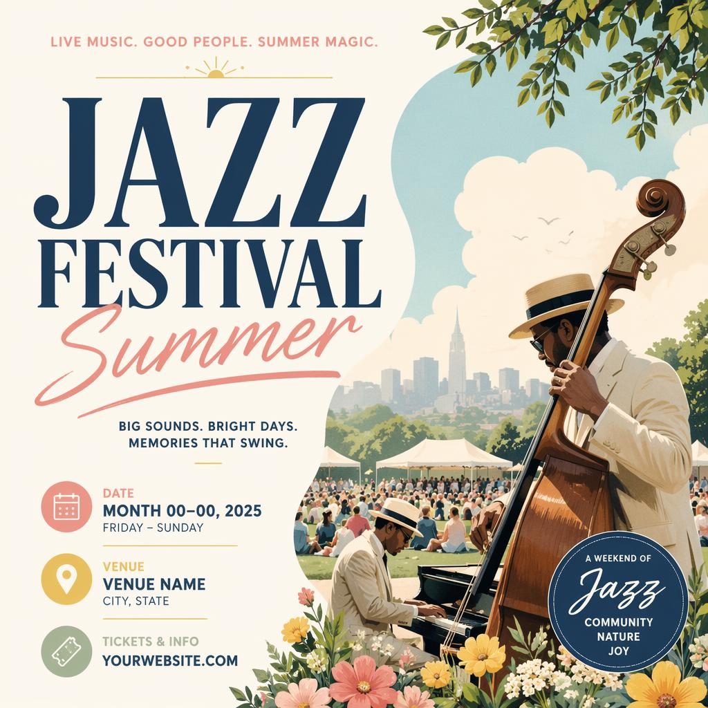 Modern editorial event poster for a summer jazz festival wedding with pastel colors, clean readable placeholder text, and joyful layout.