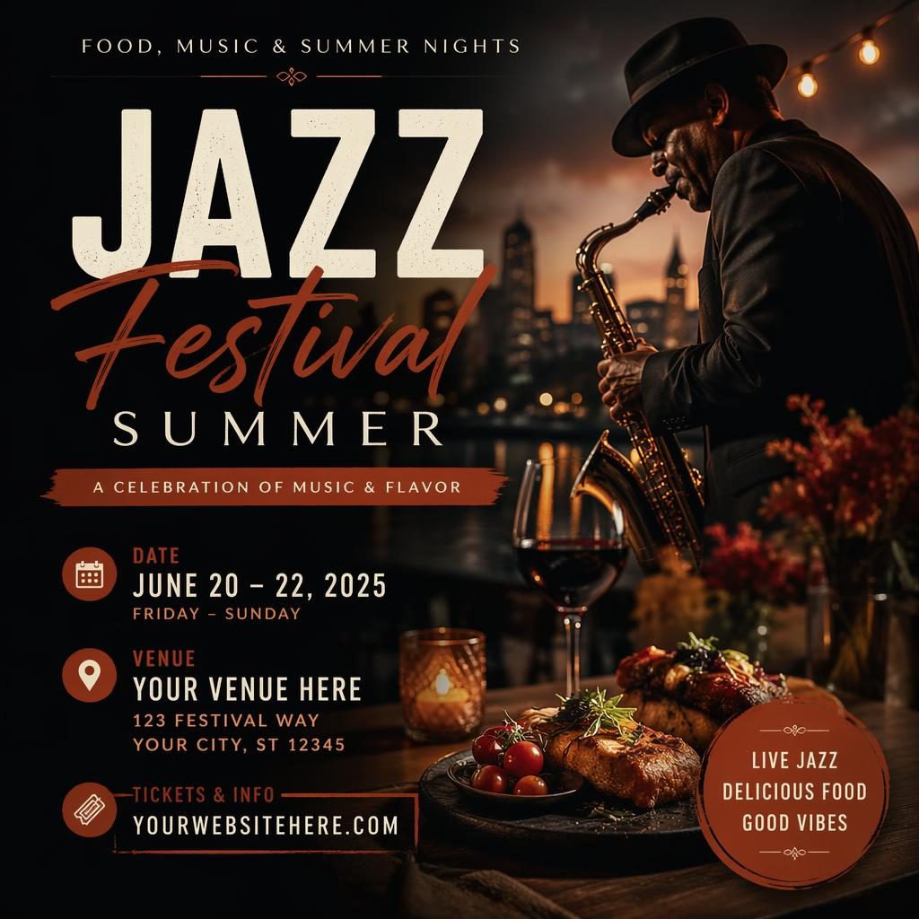 Photographic event poster for Jazz Festival Summer with dark autumn rust tones, food festival imagery, and clean placeholder text.
