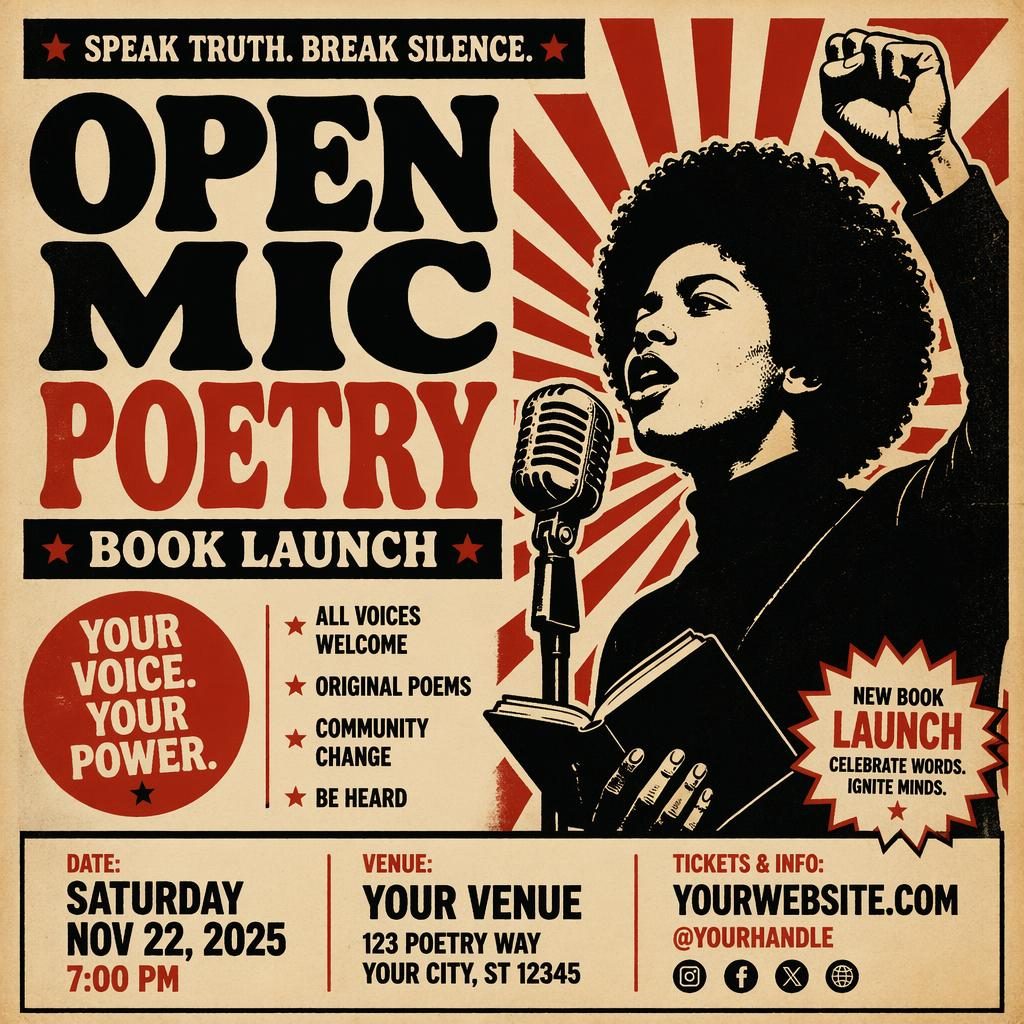 Vintage 1960s-style event poster for an open mic poetry book launch in cream and red with bold typography and clean date, venue placeholders.
