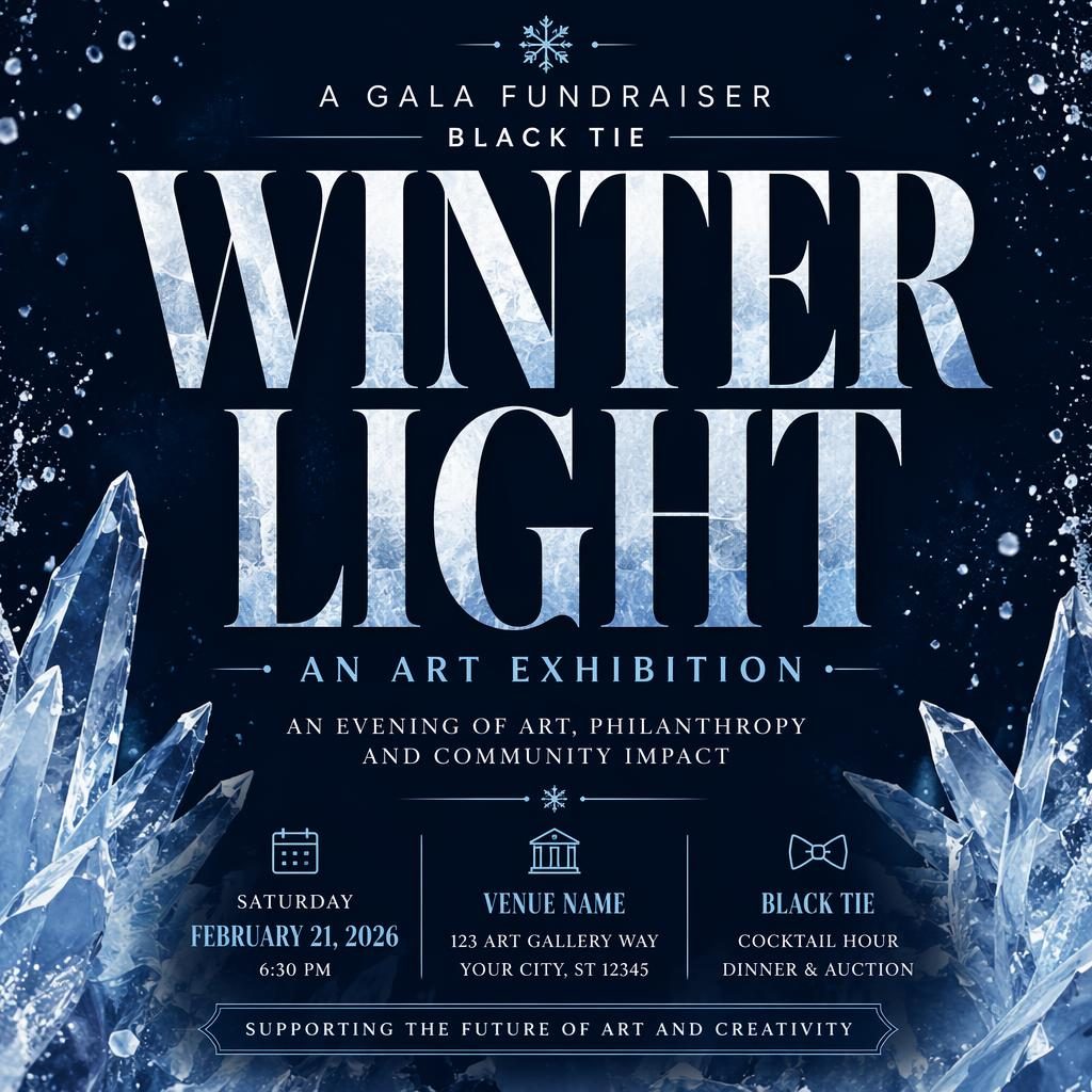Affiche d’événement pour un gala caritatif black tie, typographie audacieuse, palette hivernale glacée et texte lisible.