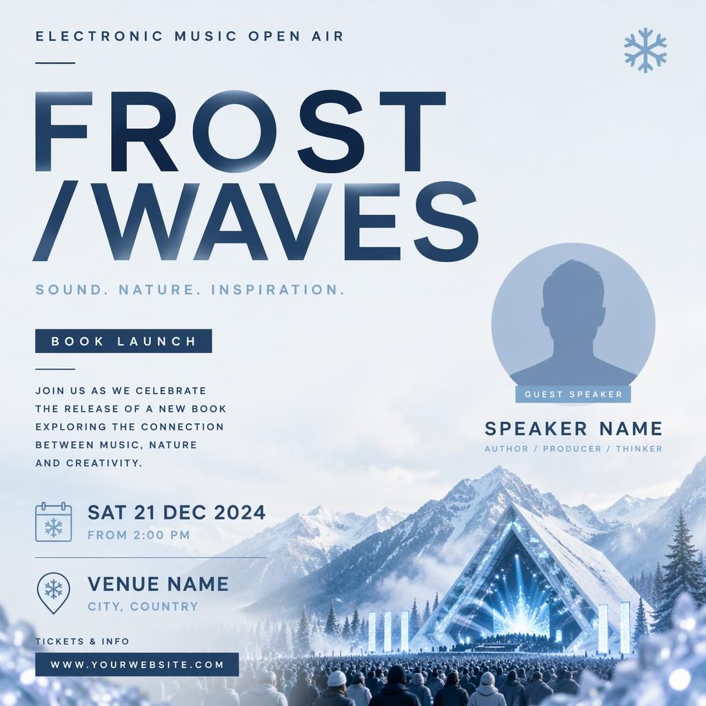 Minimalist Swiss-style winter event poster with icy blue palette, clean placeholder text, and electronic open-air vibe