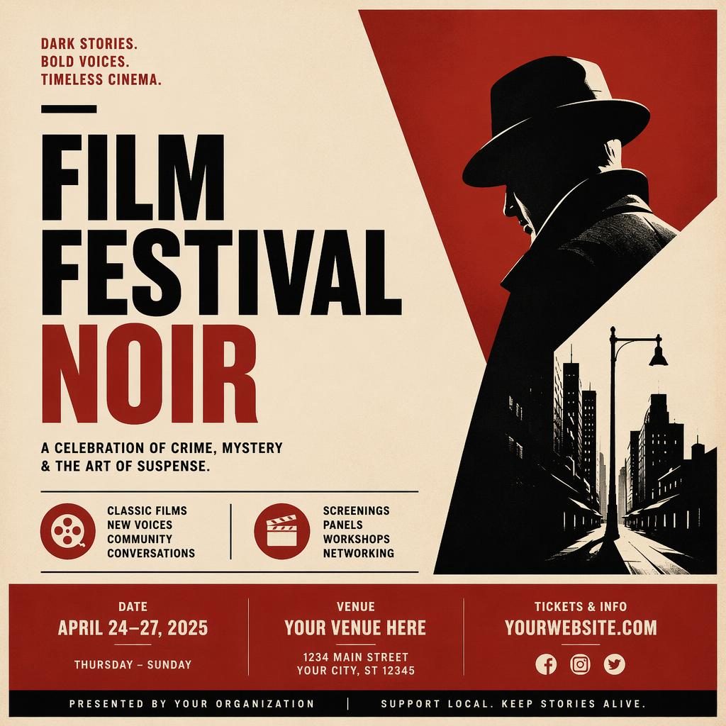 Minimalist Swiss-style tech conference poster with noir film festival mood, cream and red palette, and sharp placeholder text.