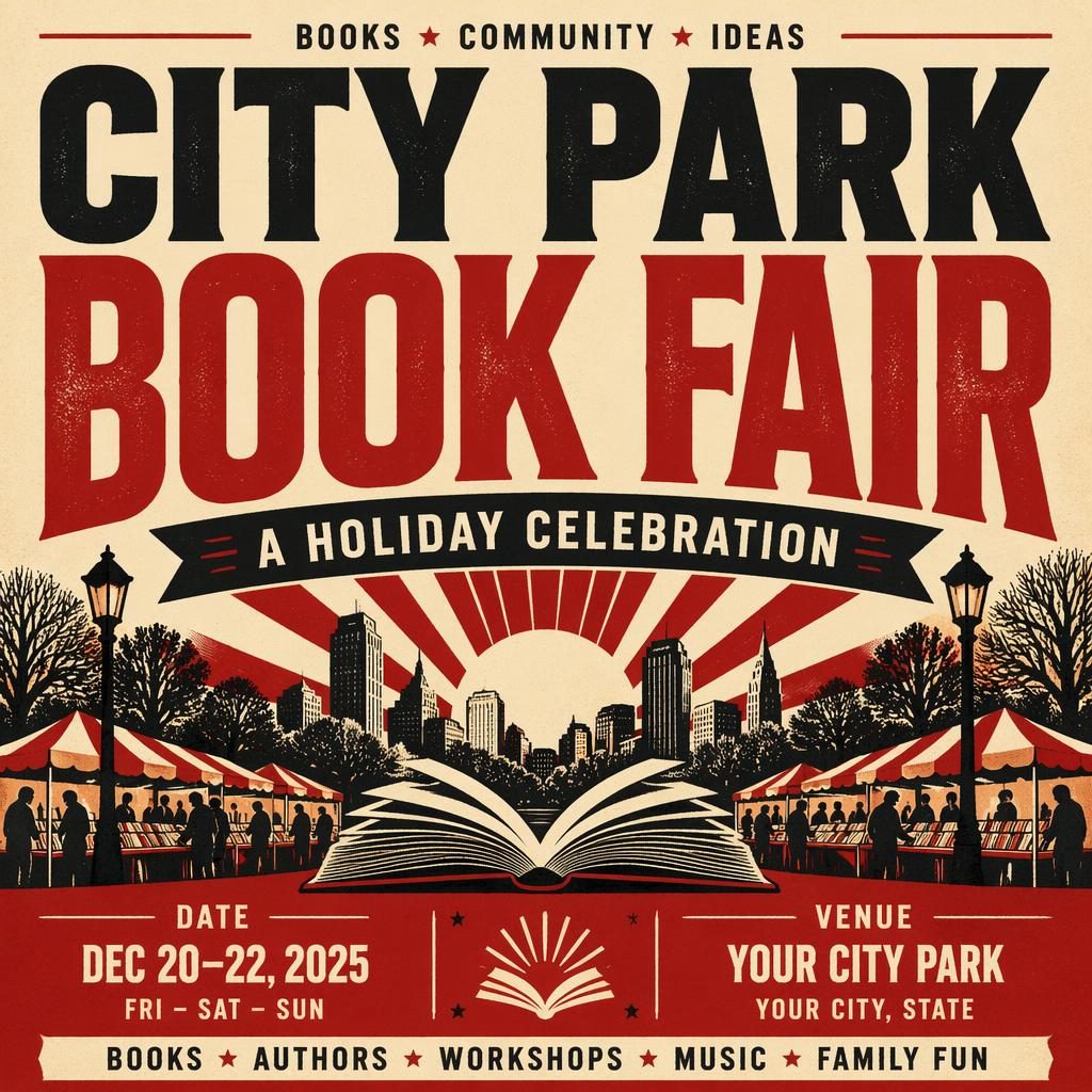 Affiche d’événement pour un salon du livre dans un parc urbain, typographie audacieuse, palette crème et rouge vintage.