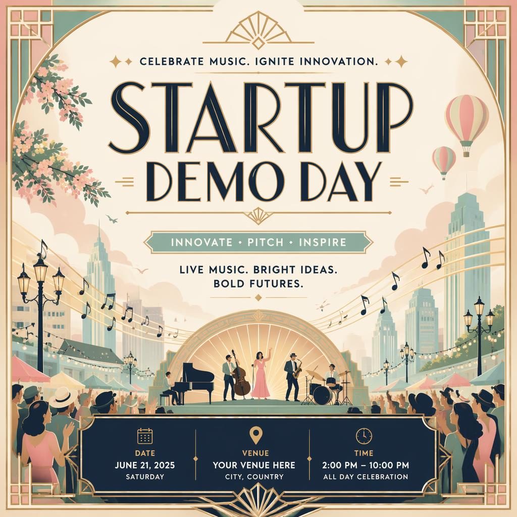Art deco luxury event poster with pastel tones, joyful concert vibe, and clean placeholder text for name, date, and venue.