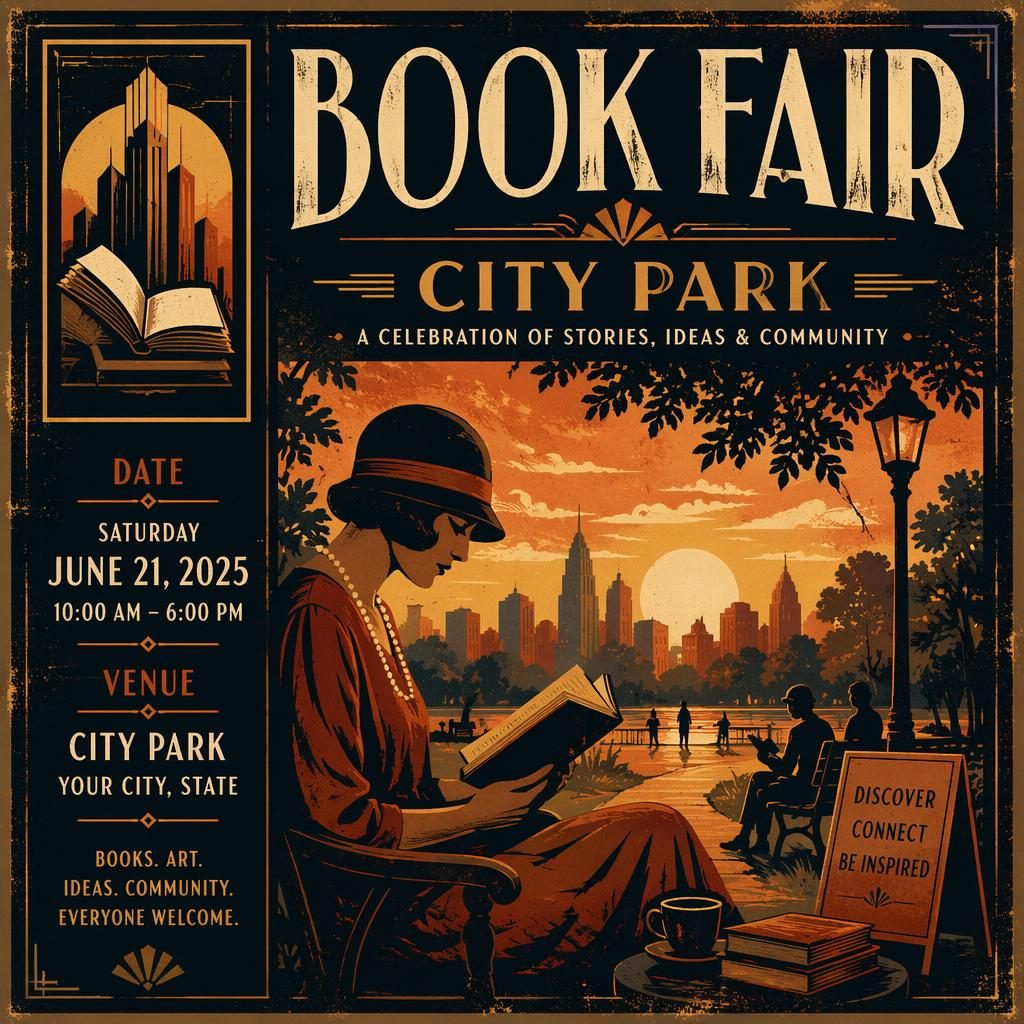 Grunge-style event poster for Book Fair City Park with warm sunset tones, cozy art exhibition mood, and sharp placeholder text.