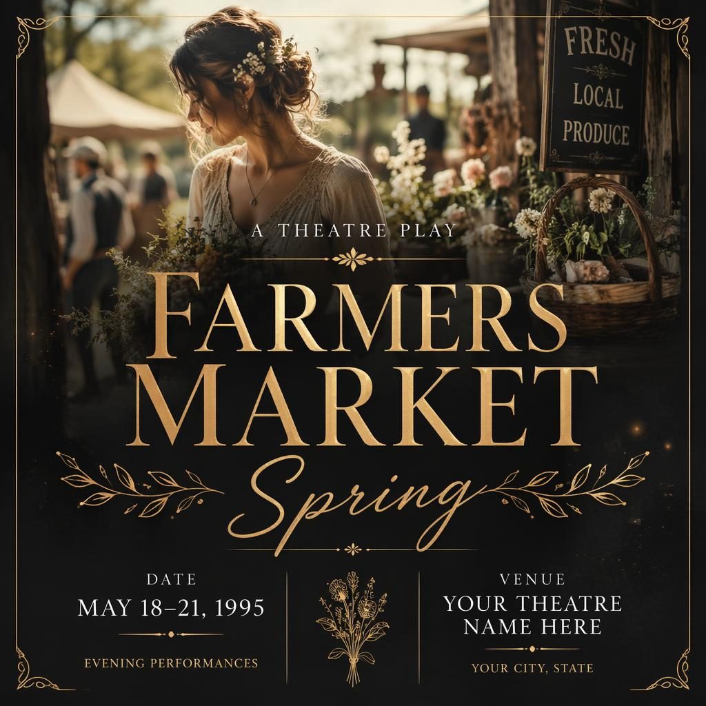 Photographic event poster for a spring farmers market theatre play in black and gold with dreamy romantic overlay text.