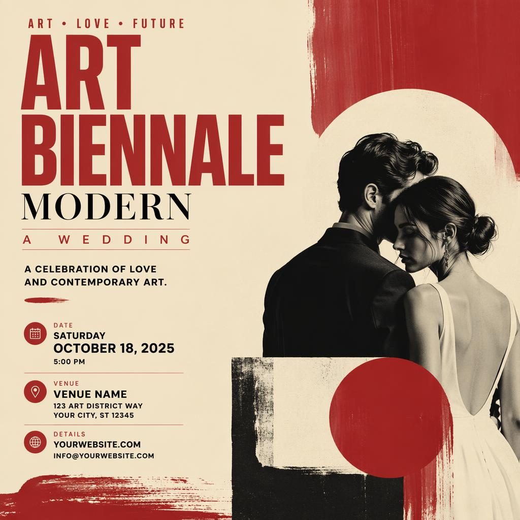 Modern editorial event poster with vintage cream and red palette, bold typography, and clean wedding-style placeholder text.