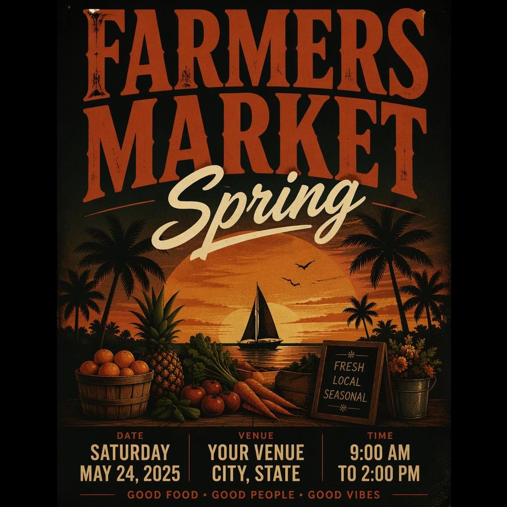 Dark autumn-toned event poster for Farmers Market Spring with bold typography, sports event layout, and clean date venue placeholders.