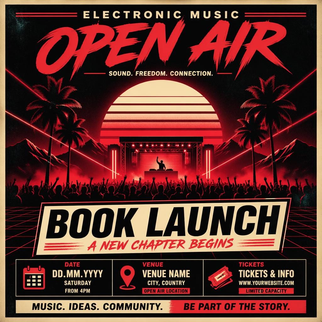 Retro 1980s neon event poster for an electronic music open air book launch, cream and red palette, bold readable placeholder text.