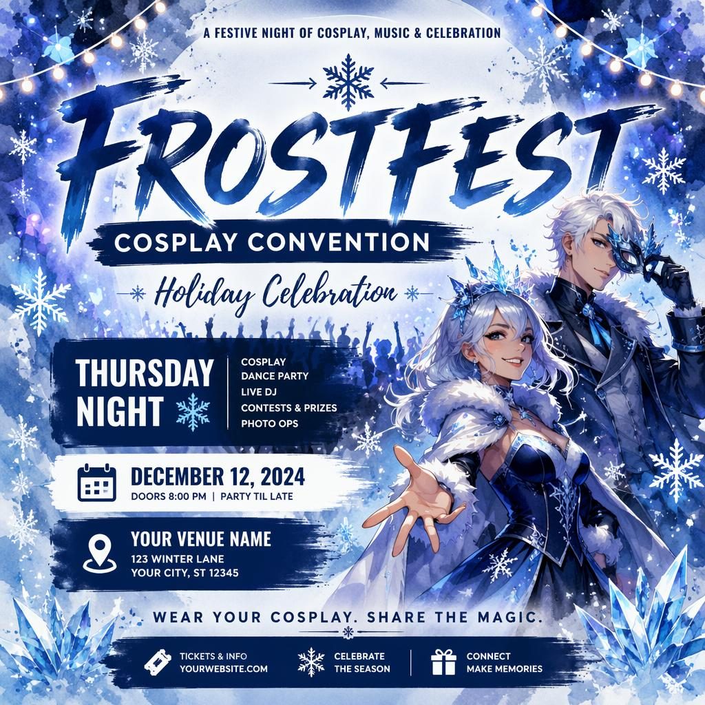 Watercolor winter cosplay convention poster with festive holiday mood, icy blue palette, and clean event name, date, and venue placeholders.