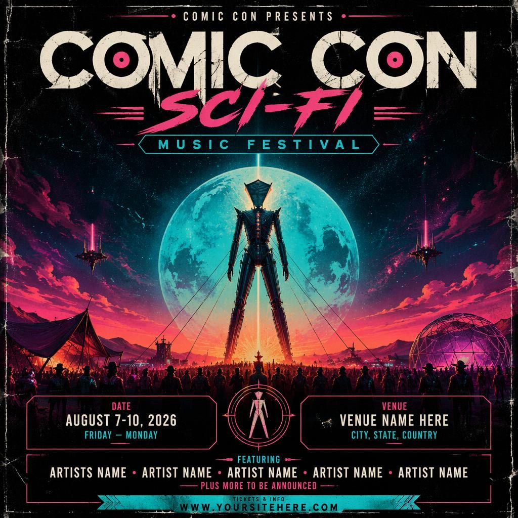 Affiche d’événement sci-fi type comic con, style grunge néon, avec texte fictif net pour nom, date et lieu.
