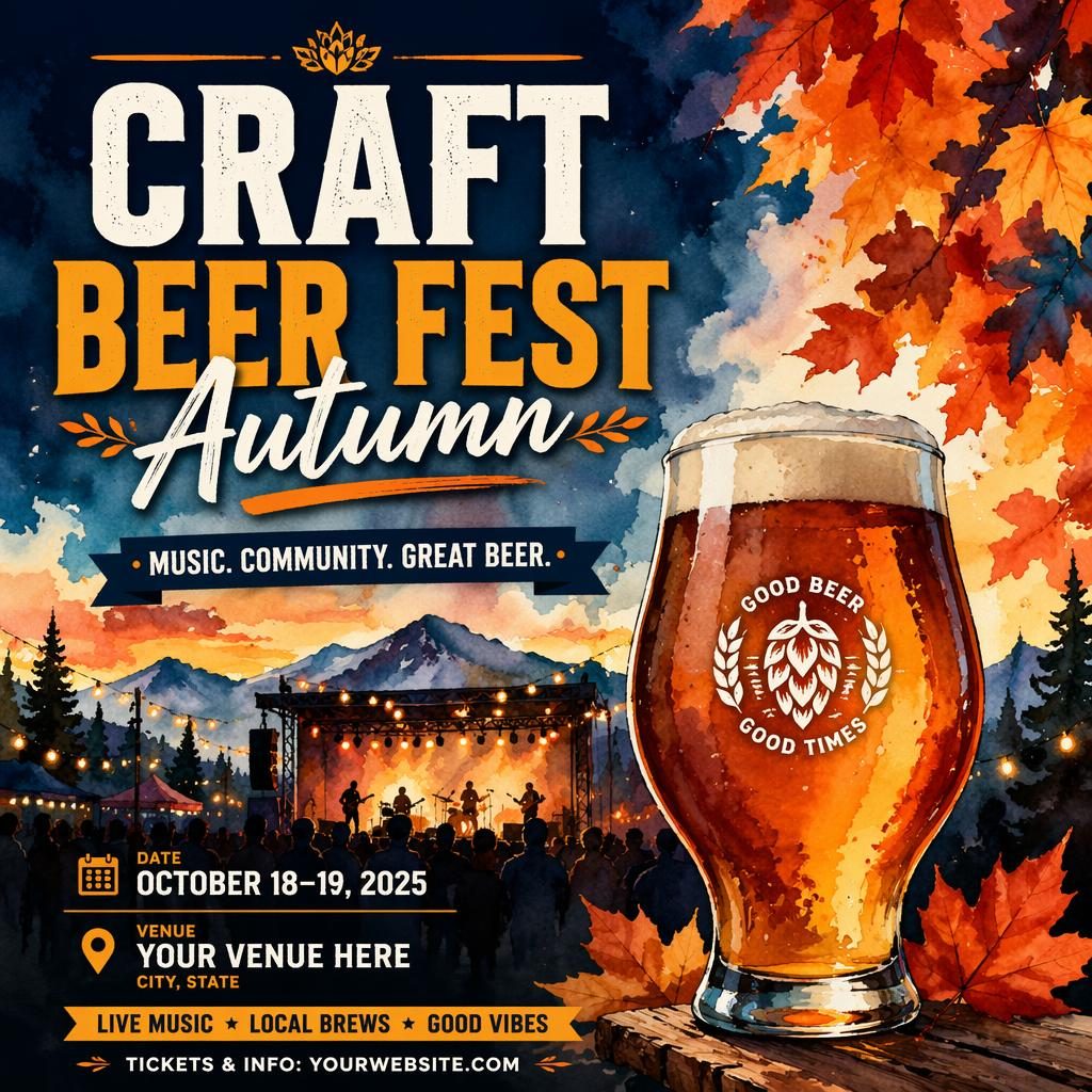 Watercolor event poster for an autumn craft beer and music festival with bold colors, festive energy, and readable placeholder text.