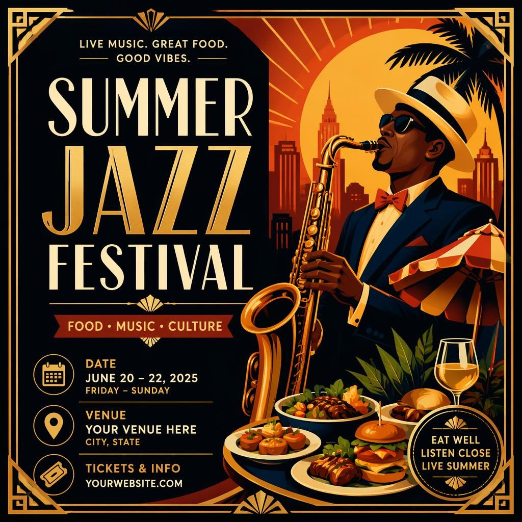 Póster de festival de jazz veraniego estilo art déco de lujo, colores intensos y texto de nombre, fecha y venue en inglés.