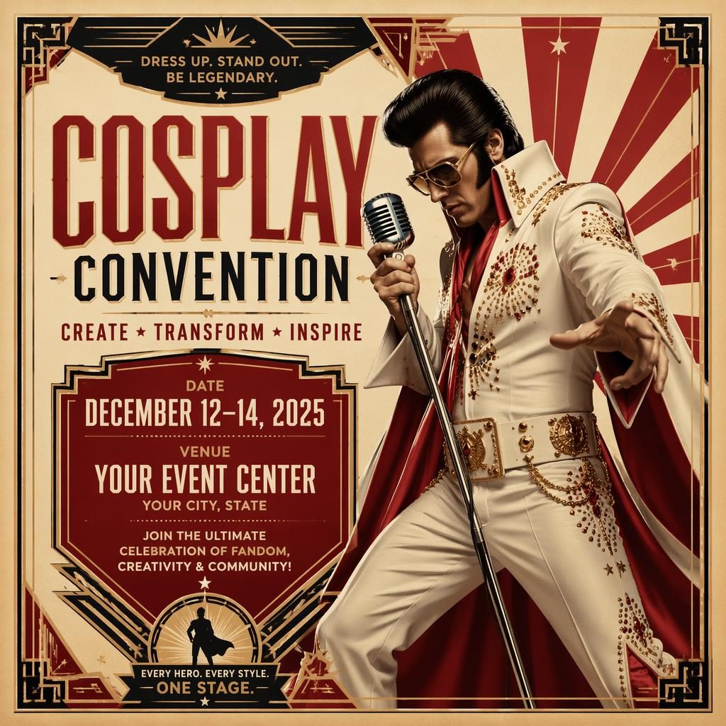 Art deco luxury event poster for a holiday cosplay convention in vintage cream and red, with bold typography and clean placeholders.