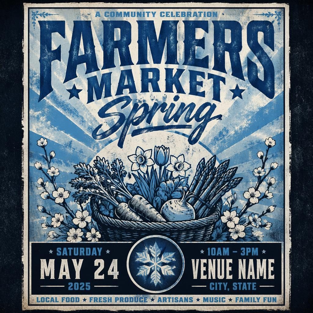 Grunge-style spring farmers market holiday event poster with icy winter palette and sharp English placeholder date and venue text.