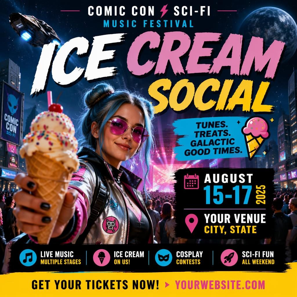 Photographic sci-fi comic con music festival poster with energetic overlays, bold colors, and clean event text placeholders.