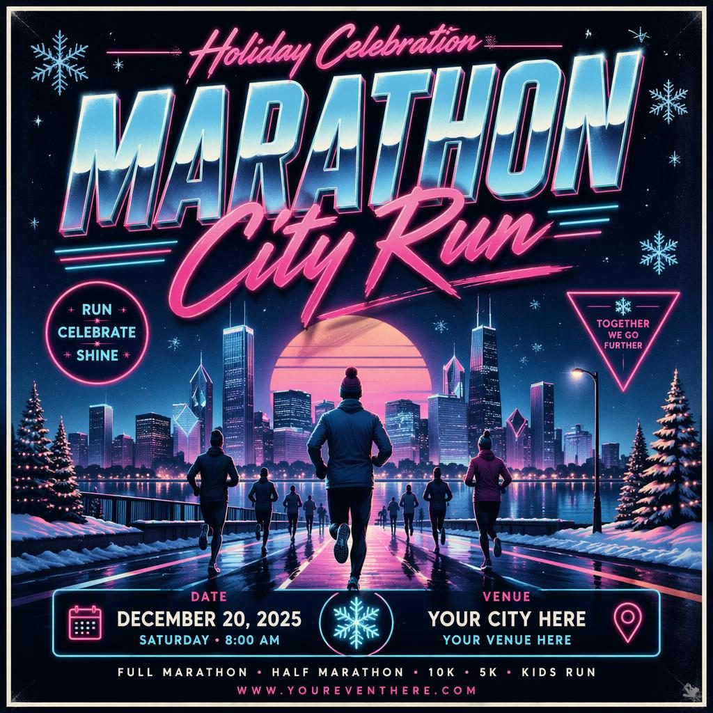 Retro 1980s neon marathon city run event poster with festive winter colors, runners, and clean date and venue placeholder text.