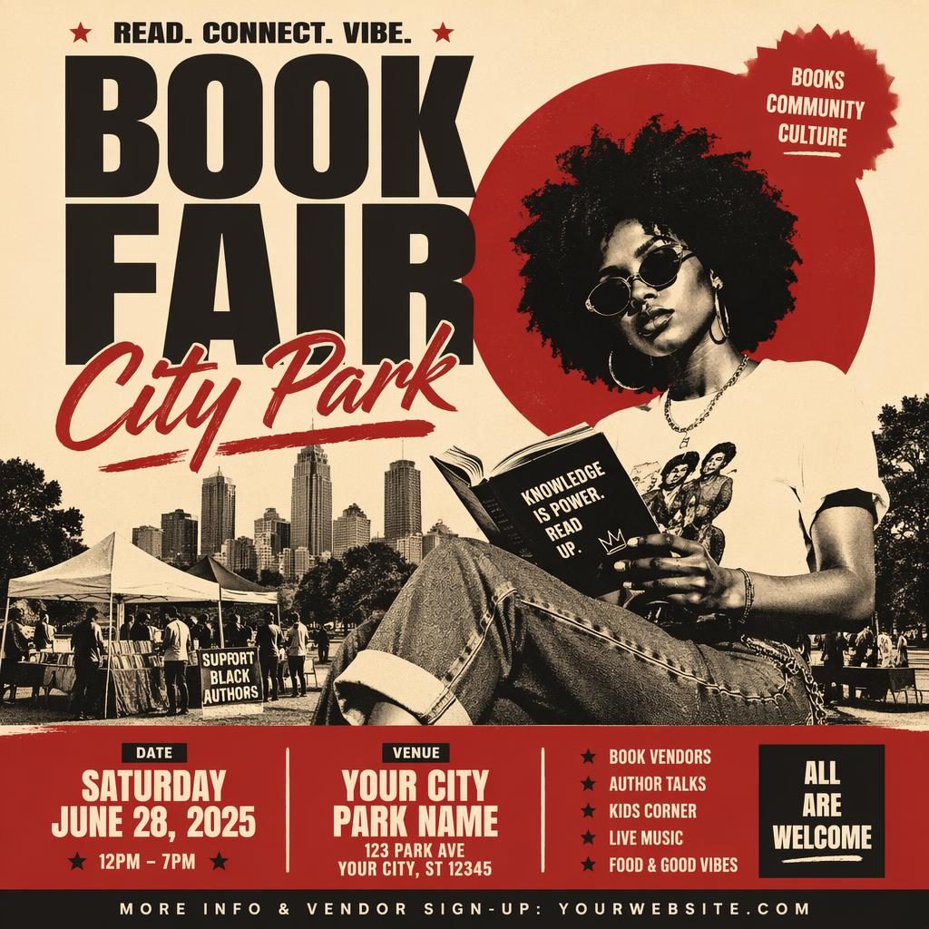 Modern editorial wedding event poster for Book Fair City Park in vintage cream and red with bold typography and clean placeholders.